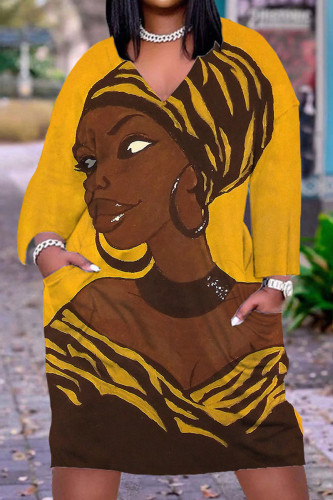 Yellow Casual Print Patchwork V Neck Straight Dresses