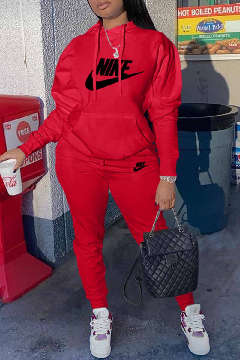 

Red Casual Print Letter Hooded Collar Long Sleeve Two Pieces