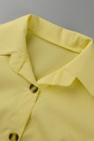 ライト イエロー ファッション カジュアル 無地 パッチワーク ポロ カラー シャツ ドレス ショート スリーブ ドレス