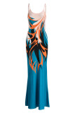 Озеро синее модное сексуальное длинное платье с открытой спиной и бретельками с принтом