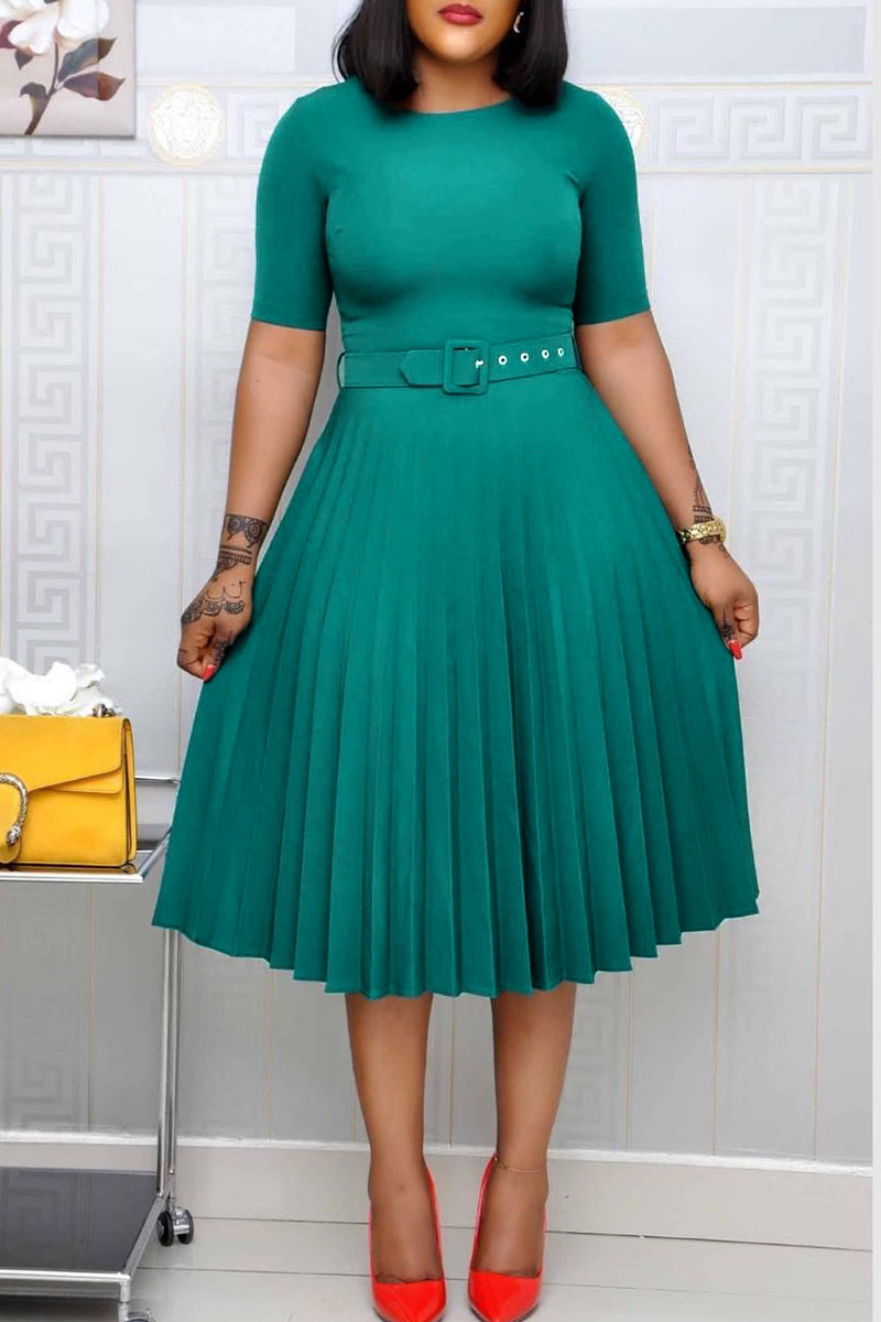 

Dark Green Casual Solid Patchwork Tear With Belt O Neck A Line Dresses