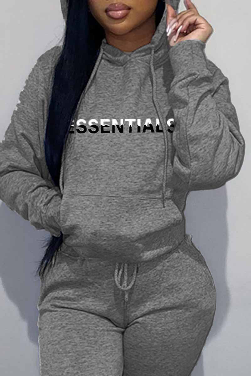 

Grey Casual Print Letter Hooded Collar Tops