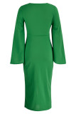 Vestidos de manga comprida verde moda casual patchwork sólido com fenda e decote