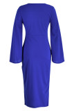 Blaue Art und Weise beiläufige feste Patchwork-Schlitz-O-Ansatz-Langarm-Kleider