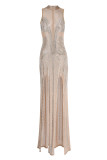 Aprikos Sexigt lapptäcke Hot Drilling Genomskinlig rygglöst bandage Kristall Half A Turtleneck ärmlös klänning (utan handskar)