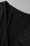 Zwart Mode Casual Plus Maat Solide Basic V-hals Lantaarn Mouw Lange Jurk