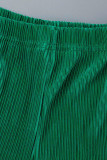 グリーン カジュアル ソリッド パッチワーク バックル フォールド ターンダウン カラー 長袖 ツーピース