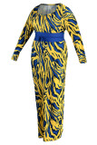 Желто-синяя сексуальная лоскутная юбка с круглым вырезом и принтом Платья больших размеров (содержит пояс)