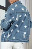 Blå Casual Print Stjärnorna Patchwork Cardigan Turndown-krage Långärmad Vanlig jeansjacka
