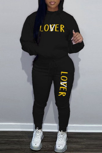 Black Casual Letter Print Long Sleeve Sweatshirt And Skinny Pants Sportwear Two Piece Jogger Set