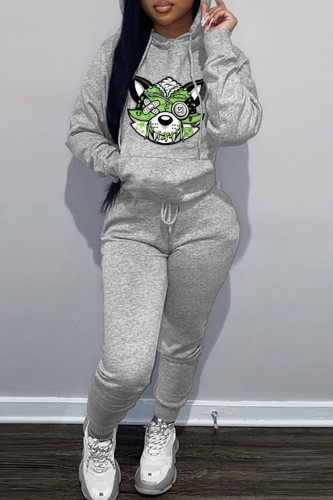 Grey Casual Print Long Sleeve Sweatshirt And Skinny Pants Sportwear Two Piece Jogger Set