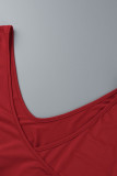 Rote, lässige, solide Patchwork-Falte mit V-Ausschnitt A-Linie Kleider in Übergröße