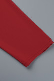 Rosso casual solido patchwork piega scollo a V una linea abiti taglie forti