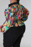 Tops de talla grande con cuello vuelto y hebilla de retazos con estampado informal multicolor