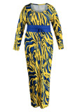 Yellow And Blue Sexy Print Patchwork O Neck One Step Skirt Plus Size Dresses(Contain The Belt)