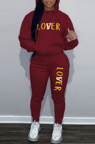 Burgundy Casual Letter Print Long Sleeve Sweatshirt And Skinny Pants Sportwear Two Piece Jogger Set