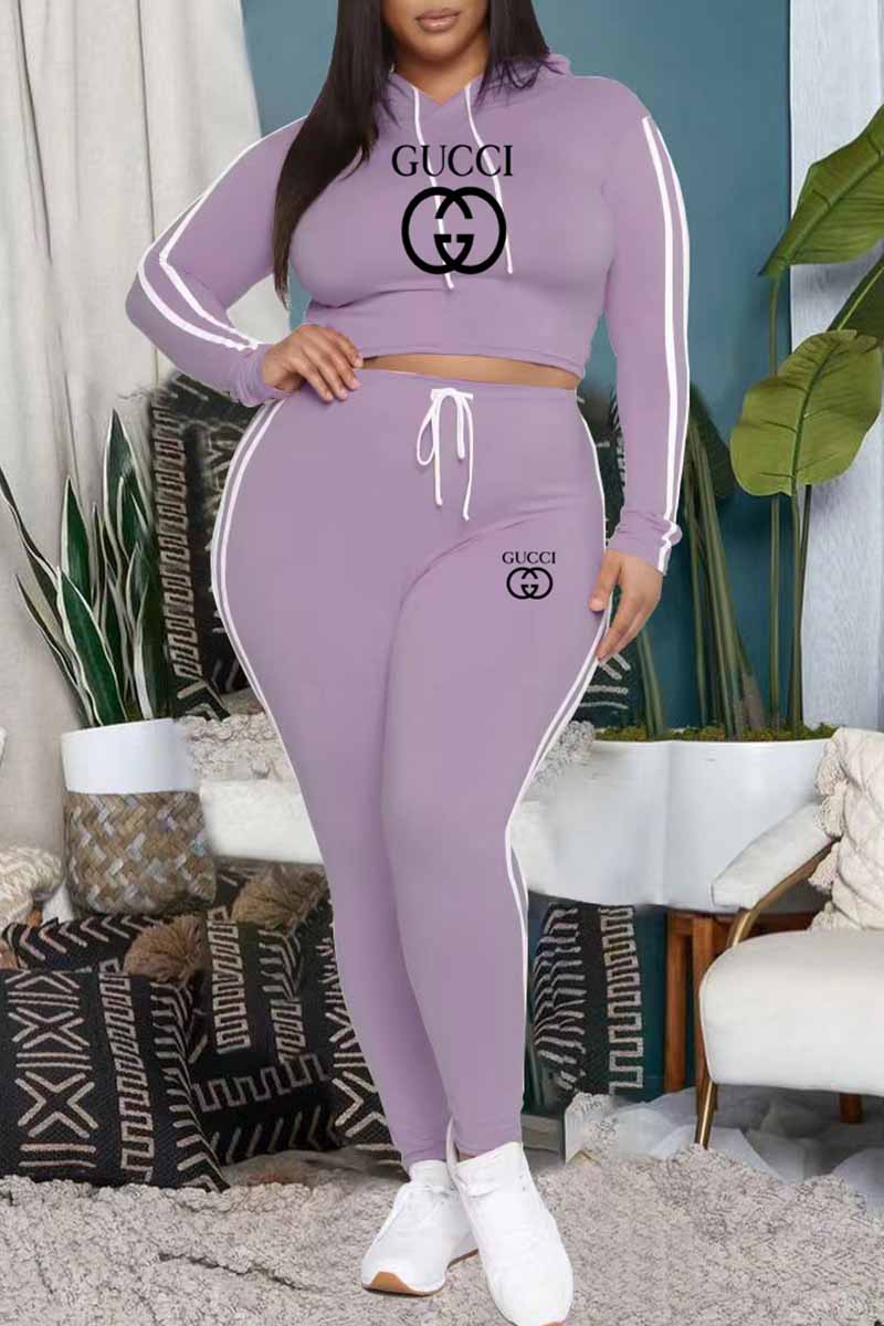 

Purple Sportswear Print Letter Hooded Collar Plus Size Two Pieces