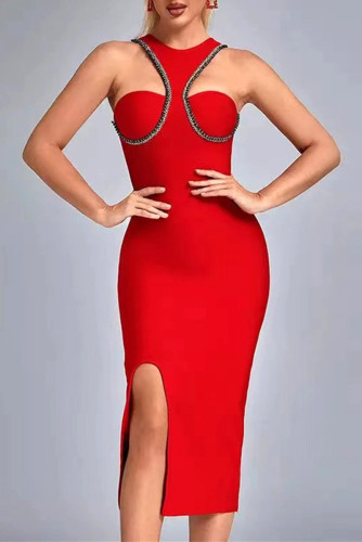 Red Sexy Solid Patchwork Slit O Neck Sleeveless Dress