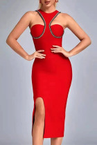 Красное сексуальное однотонное лоскутное платье без рукавов с круглым вырезом и разрезом