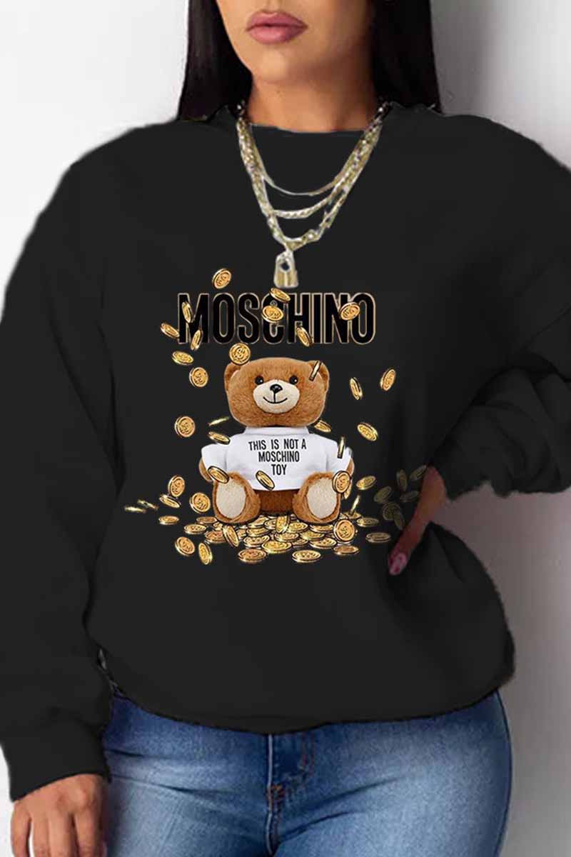 

Black Casual Character Print Letter O Neck Tops