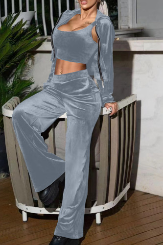 Silver Gray Casual Solid Patchwork Hooded Collar Long Sleeve Three-piece Set