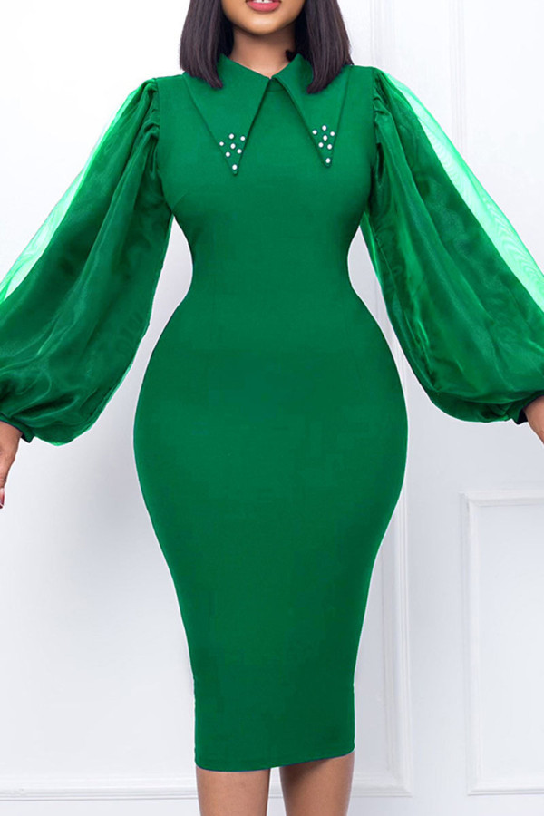 Vestidos de falda de un paso con cuello vuelto y abalorios de patchwork sólido casual verde