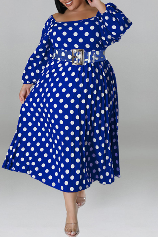 Синие повседневные платья больших размеров в горошек с открытой спиной и круглым вырезом с длинными рукавами (без пояса)