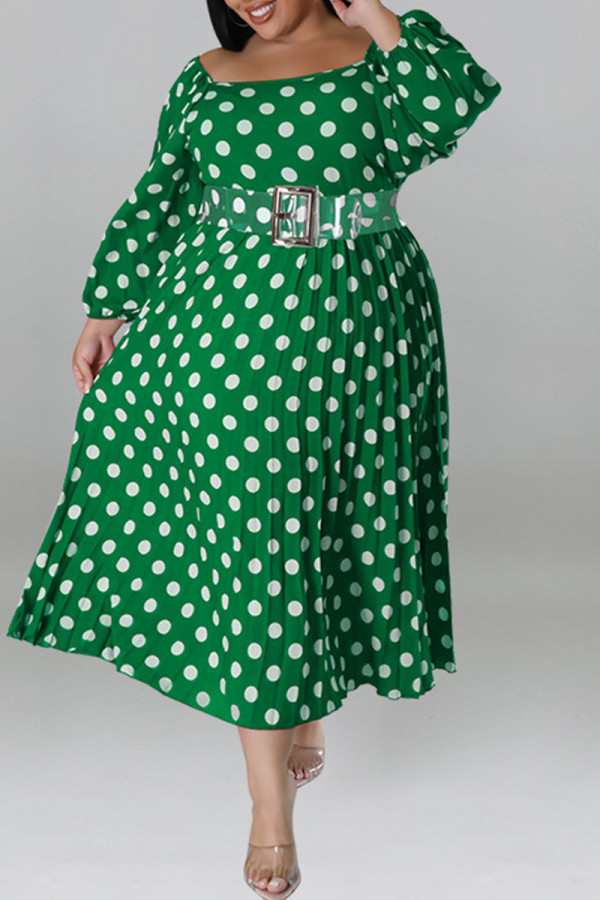 Зеленые повседневные платья больших размеров в горошек в стиле пэчворк с открытой спиной и круглым вырезом с длинными рукавами (без пояса)
