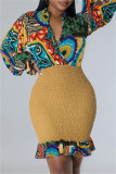 Geel sexy niet positionerend bedrukt patchwork v-hals jurken met lange mouwen