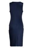 チベット ブルー ファッション プリント パッチワーク O ネック ワン ステップ スカート ドレス