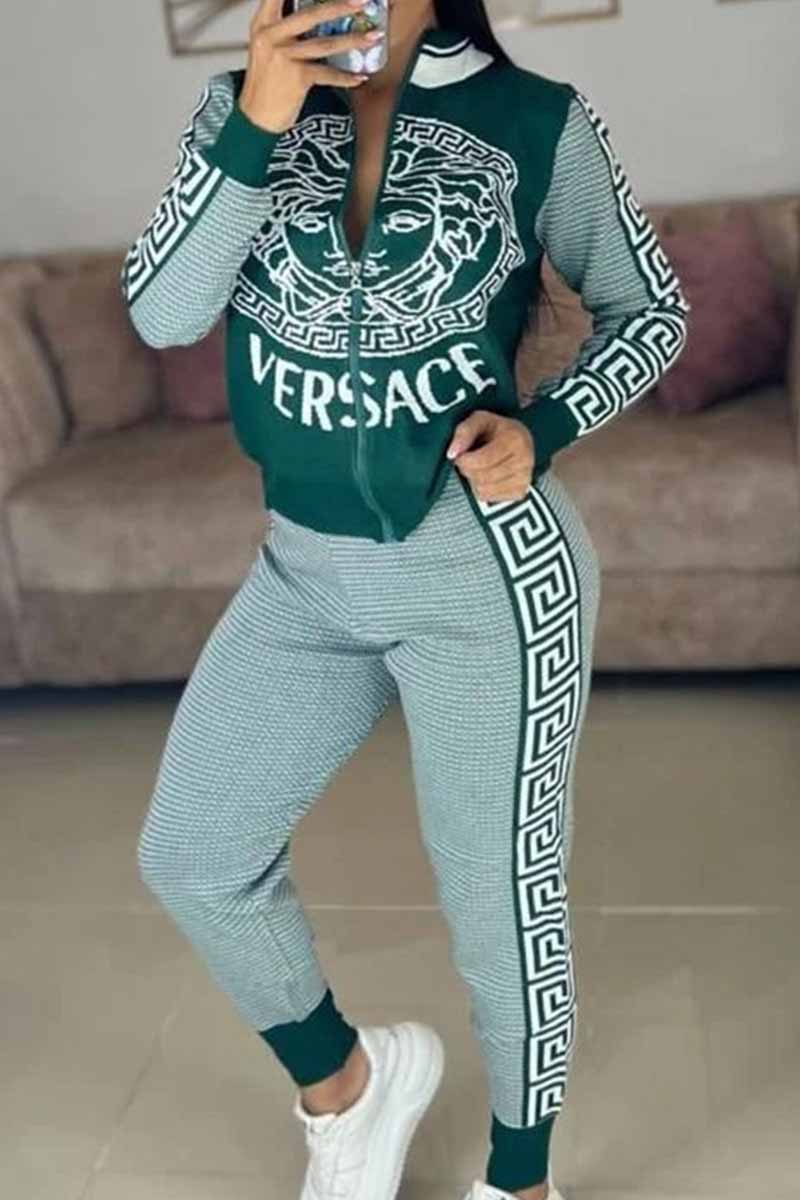 

Green Casual Print Letter Zipper Collar Long Sleeve Two Pieces