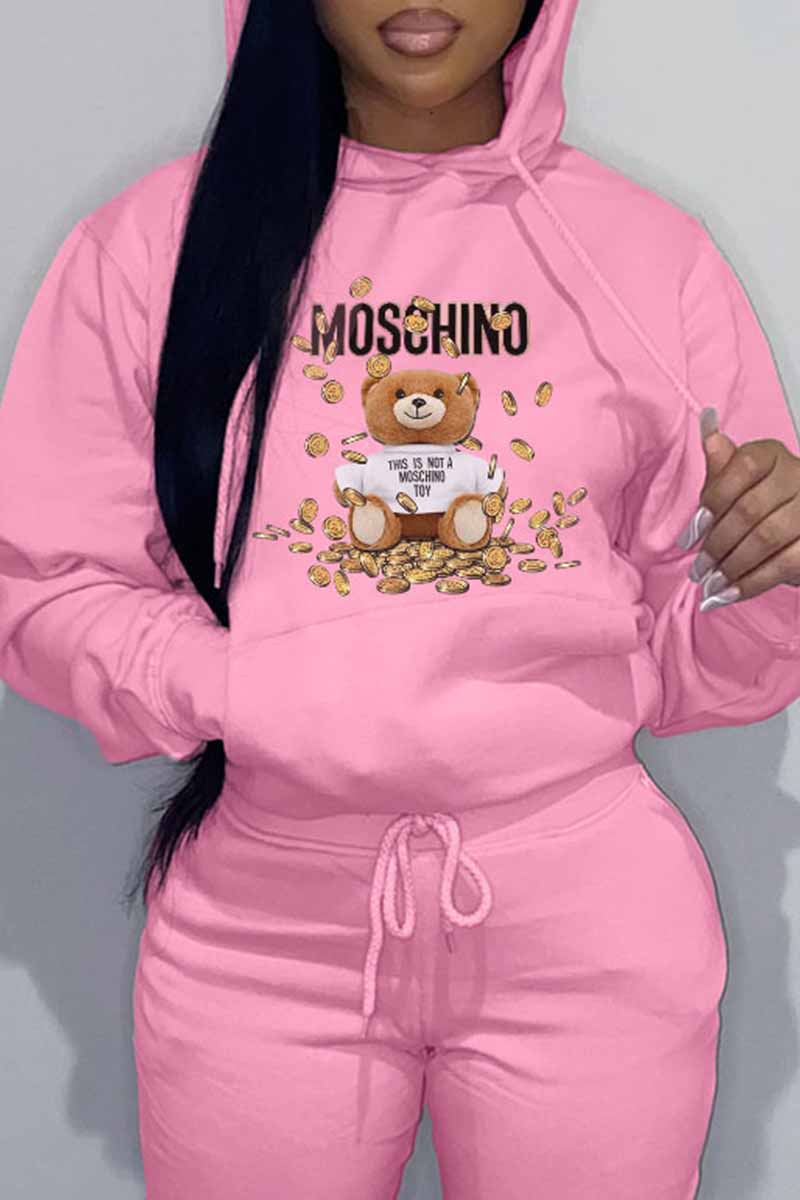 

Pink Casual Character Print Letter Hooded Collar Tops