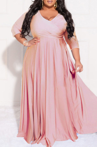Pink Casual Solid Patchwork Fold V Neck A Line Plus Size Dresses