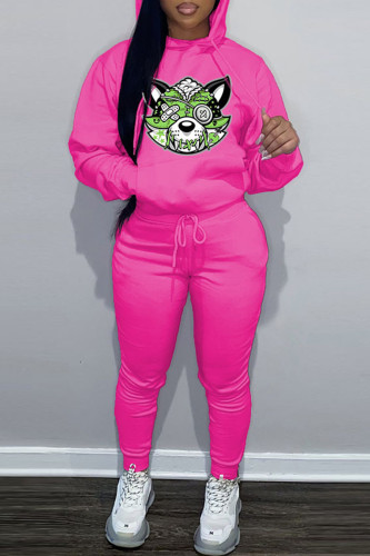 Rose Red Casual Print Long Sleeve Sweatshirt And Skinny Pants Sportwear Two Piece Jogger Set