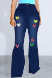 Blauwe casual jeans met patchwork en hoge taille, normale denim