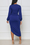 Blue Sexy Solid Patchwork Fold Asymmetrical V Neck Long Sleeve Dresses