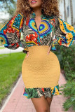Geel sexy niet positionerend bedrukt patchwork v-hals jurken met lange mouwen