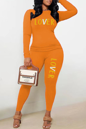 Orange Casual Letter Print Patchwork O Neck Short Sleeve Two Pieces