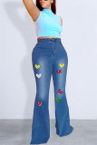 Blauwe casual jeans met patchwork en hoge taille, normale denim