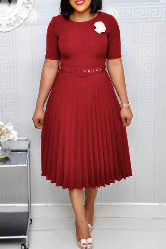 Déchiré Patchwork Solide Décontracté Bordeaux Avec Ceinture O Cou Robes Ligne A