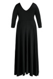 Vestidos casuais pretos de retalhos sólidos com decote em V e linha plus size