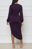 Purple Sexy Solid Patchwork Fold Asymmetrical V Neck Long Sleeve Dresses