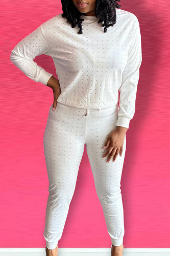 White Casual Solid Patchwork Hot Drill O Neck Long Sleeve Two Pieces
