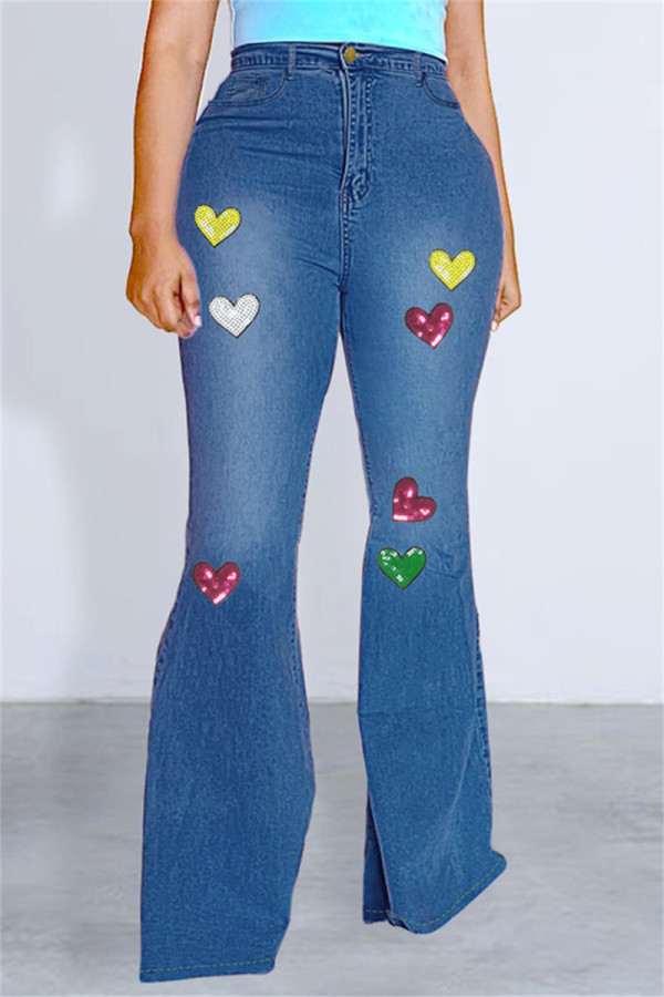 Blue Casual Print Patchwork High Waist Regular Denim Jeans