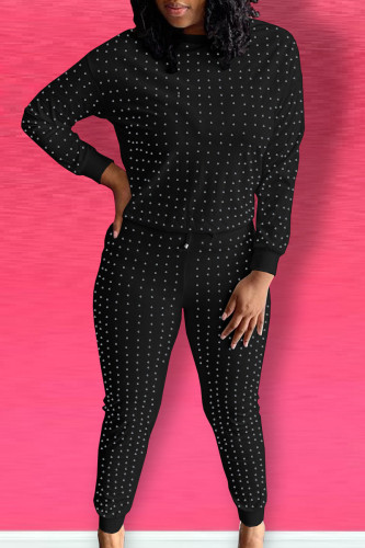 Black Casual Solid Patchwork Hot Drill O Neck Long Sleeve Two Pieces