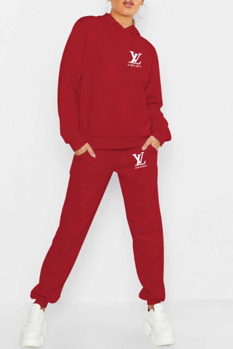 

Red Street Print Letter Hooded Collar Long Sleeve Two Pieces