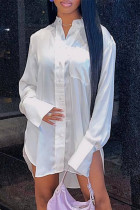 Белое повседневное однотонное платье-рубашка в стиле пэчворк с отложным воротником и длинными рукавами