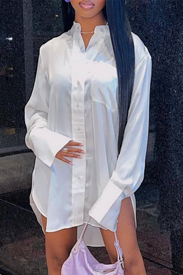 Vestido de camisa branco casual patchwork sólido com gola virada para baixo mangas compridas