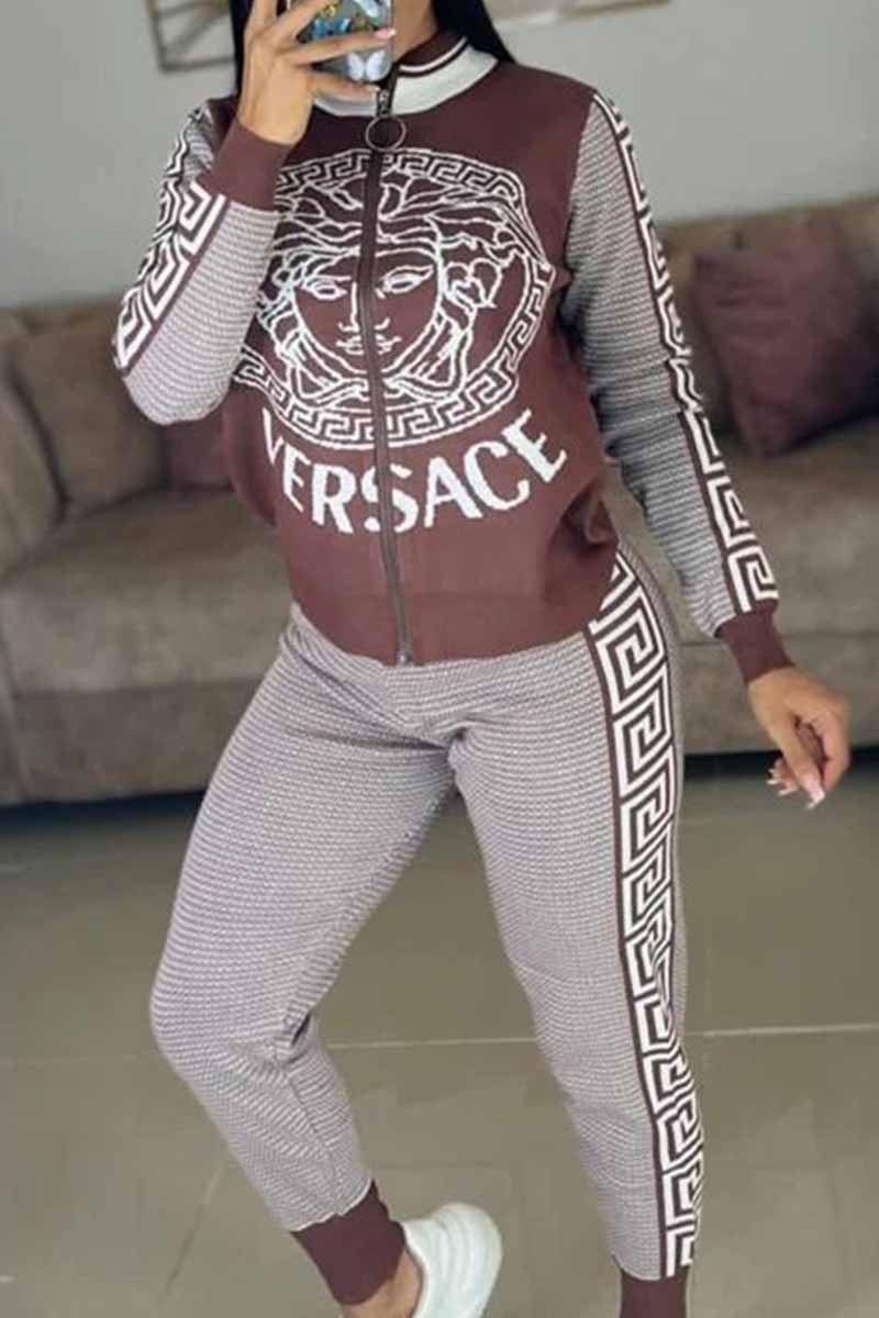 

Brown Casual Print Letter Zipper Collar Long Sleeve Two Pieces
