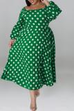 Grün Casual Dot Print Patchwork Rückenfrei O-Ausschnitt Langarm Kleider in Übergröße (ohne Gürtel)